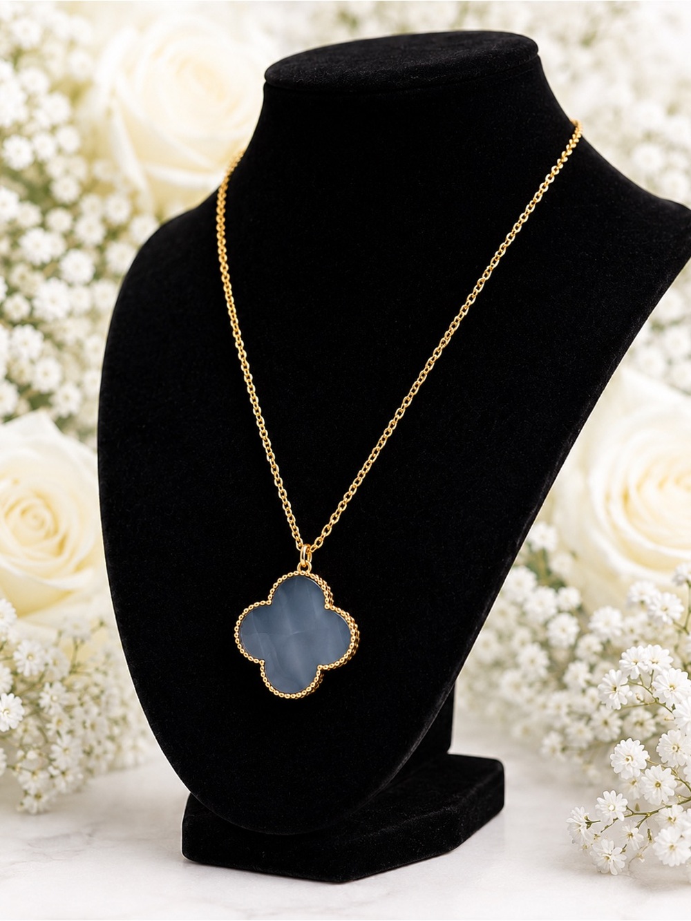 Gold Chain Necklace with Blue Clover Pendant - Women Jewelry - Picture 3 of 4